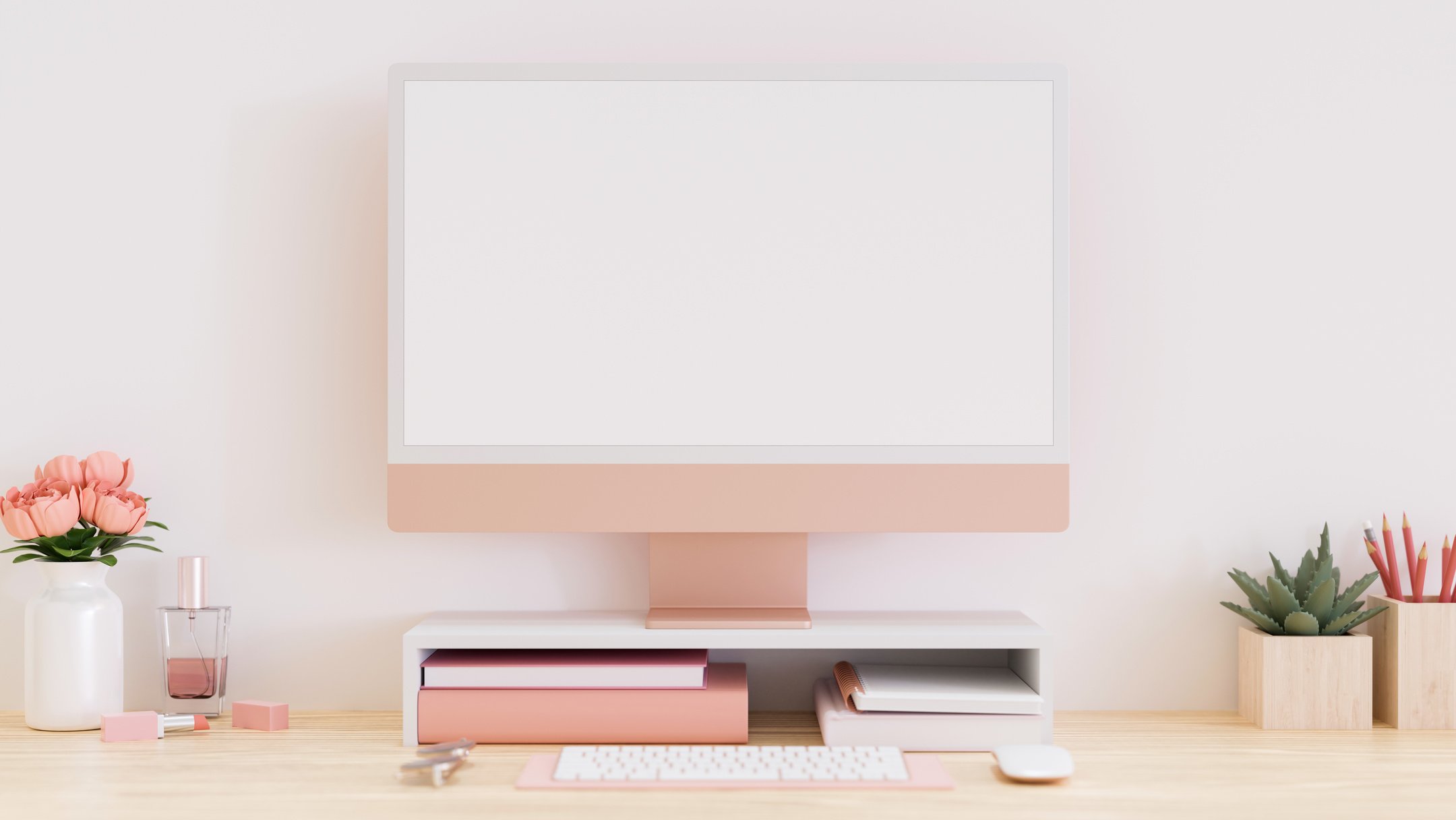 Stylish Pink Office Workspace Design with Pastel Pink Pc Compute